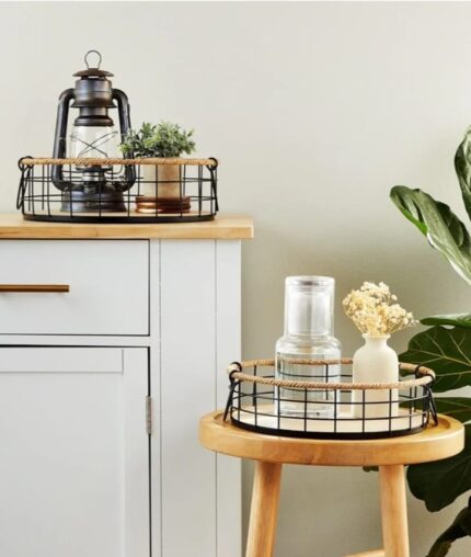 2 Pack Round Wire Baskets with Handles, Metal Storage Trays for Home Decor (2 Sizes)