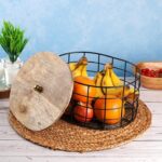 Black Metal Wire Storage Basket with Wooden Lid, Oval Shape Decorative Container for Fruits and Vegetables, 27 x 22 x 16 cm
