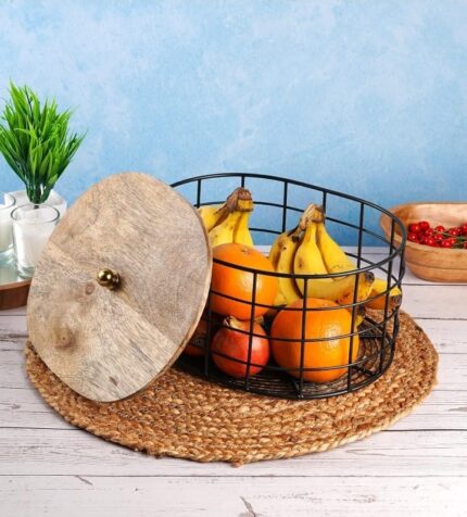 Black Metal Wire Storage Basket with Wooden Lid, Oval Shape Decorative Container for Fruits and Vegetables, 27 x 22 x 16 cm