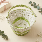 Handcrafted Deep Round Raffia Basket with Cross-Woven Handle – Green & White