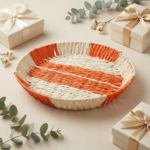 Handcrafted Round Raffia & Metal Shallow Platter Basket – Orange & White Stripes