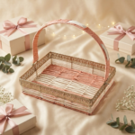 Handcrafted Rectangular Raffia Basket with Filigree Metal Rim & Handle