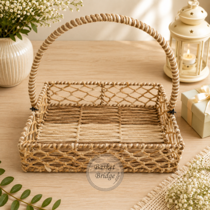 Basket Bridge Classic Earth-Tone Handwoven Rectangular Gift Basket Tray with High Arch Handle