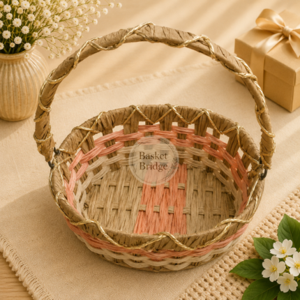 Basket Bridge Festive Round Handwoven Tri-Tone Earth & Pastel Hamper Basket with Gold Twist Arch Handle