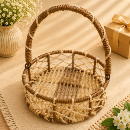 Basket Bridge Premium Round Handwoven Dual-Tone Cream & Brown Gift Basket with Diamond Lattice Walls and Arch Handle