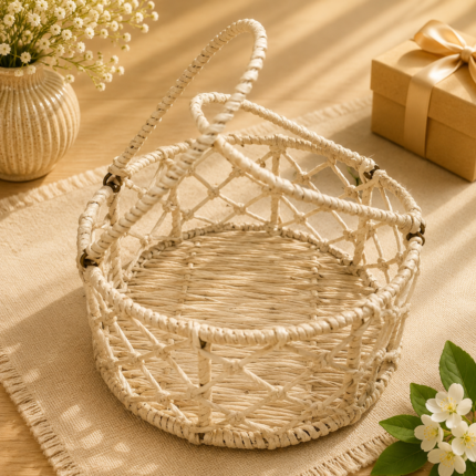 Basket Bridge Ivory Cream Handwoven Round Gift Basket with Diamond Lattice Walls and Dual Nesting Handles