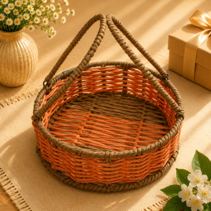 Basket Bridge Sunburst Orange & Earthy Brown Handwoven Round Gift Basket with Dual Nesting Peak Handles